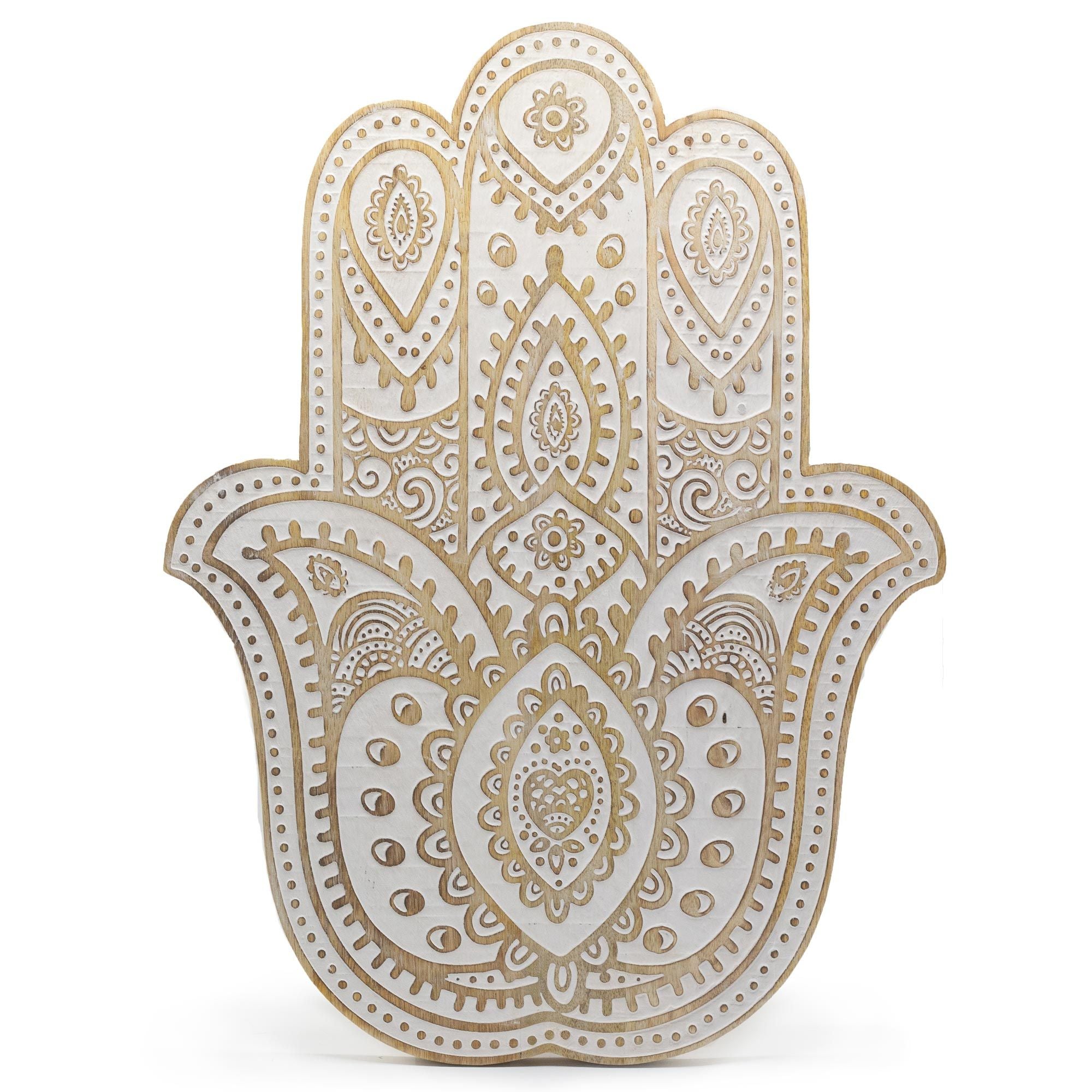 Mango Wood Hamsa Wall Plaque - Whitewash